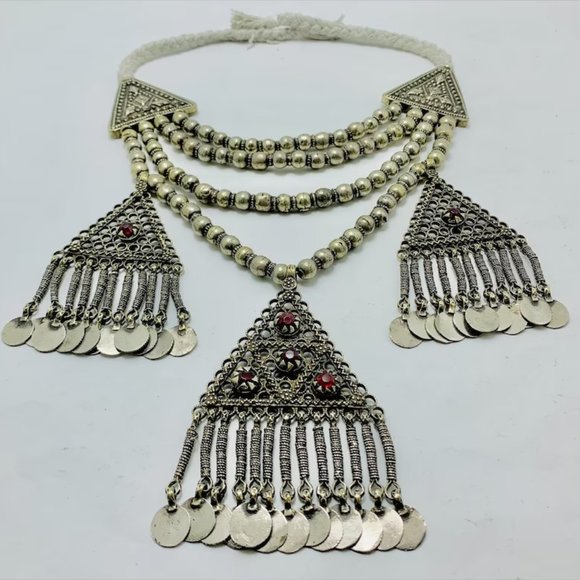 Beaded Layered Necklace, Silver Gypsy Vintage Necklace With Three Dangling - Picture 2 of 14